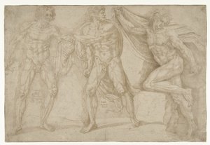 Tres hombres desnudos en diferentes poses de Lambert Lombard