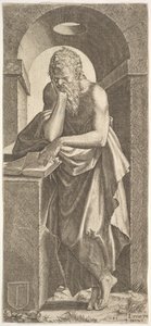 San Simón ante un libro abierto con los dedos de su mano izquierda presionados sobre él, 1545 de Lambert Suavius