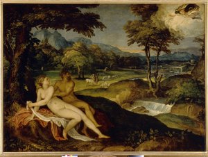 Júpiter e Ío. Pintura de Lambert Sustris (1515 o 1520 - después de 1591), óleo sobre lienzo, entre 1558 y 1563. Arte italiano (Venecia) de Lambert Sustris