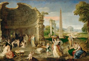 Paisaje con ruinas antiguas y mujeres bañándose ... (óleo sobre lienzo) de Lambert Sustris