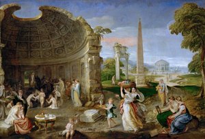 Paisaje con ruinas antiguas y mujeres bañándose de Lambert Sustris