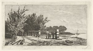 Hombre y niño a lo largo de la orilla de un río. de Lambertus  Hardenberg