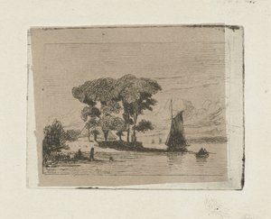 Paisaje de río con velero y árboles.