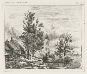 Paisaje fluvial con velero y granja. de Lambertus  Hardenberg
