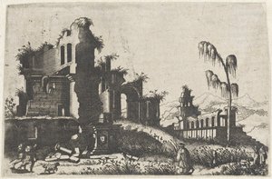 Paisaje con ruinas cubiertas de maleza y viajeros
Ruinarum variarum fabricarum delineationes pictoribus caeterisque id genus artificibus multum utiles (título de la serie)
