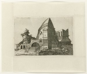 Ruïne met piramidevormige toren
Ruinarum variarum fabricarum delineationes pictoribus caeterisque id genus artificibus multum utiles (título de la serie) de Lambertus Suavius