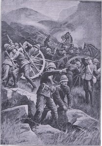 Un cañón volcado en una ladera, de Después de Pretoria: La Guerra de Guerrillas publicado por Harmsworth Bros Limited, 1901 de Lancelot Speed