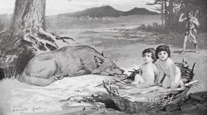 El pastor vio que el lobo cuidaba de los niños (litografía)