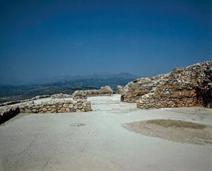 Megarón del Palacio Real: sitio de la antigua ciudad de Micenas, en el Peloponeso (1500-1100 a.C.) Grecia de Late Helladic Period Mycenaean