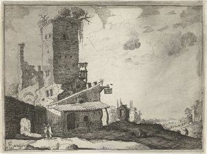 Posada cerca de una capilla Paisajes con edificios romanos antiguos (título de la serie) de Laurens Barata