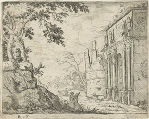 Dibujante en las ruinas de un arco triunfal Paisajes italianos con ruinas (título de serie)