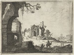 Dos ruinas en un paisaje Paisajes con edificios romanos antiguos (título de la serie) de Laurens Barata