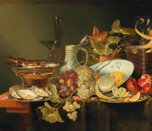 Bodegón de fruta, un cuenco de porcelana china y un pez sobre un hornillo