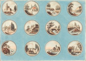 Doce medallones con paisajes de Laurent Guyot after Jean Henry Alexandre Pernet