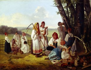 Descansa en el tiempo de la cosecha. Un grupo de campesinos con trajes tradicionales, comiendo y relajándose con sus hijos, a la sombra de los árboles. Pintura de Lavr Kuzmich Plakhov (1810-1881), óleo sobre lienzo, ca. 1840. Arte ruso de Lavr Kuzmich Plakhov