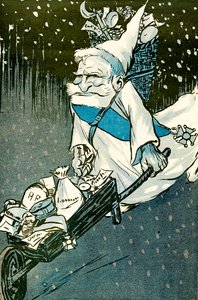 La Navidad de los niños grandes - El presidente francés Emile Loubet vestido de Papá Noel con una carretilla de regalos para los adultos. 1905. (litografía) de Leal de Camara