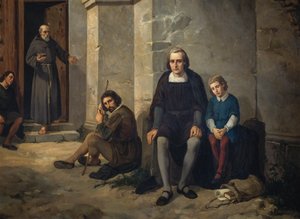 Cristóbal Colón con su hijo en el monasterio de Santa María de La Rábida, España de Leandro Izaguirre