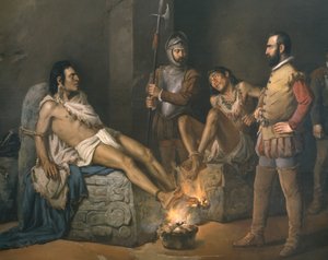 Tortura de Cuauhtémoc (1497-1525) 1893 (detalle) (óleo sobre lienzo) de Leandro Izaguirre