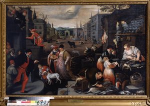 ""Le mois de fevrier"" (febrero) Escena de paseo en época de Carnaval. Piscis firma el símbolo en el cielo. Pintura de Leandro Bassano da Ponte (1557-1622) 1595-1600 Dim. 144x190 cm Museo Estatal de Arte Tula Rusia de Leandro da Ponte Bassano