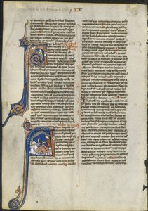 Hoja de una Biblia latina: Inicial A e Inicial A: Judit decapitando a Holofernes, c. 1230-1240