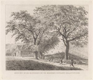 Vista del intermitente Vista del Blinkert, junto a la posada llamada Kraantje-Lek (título sobre el objeto) Lugares de interés en las cercanías de Haarlem (título de la serie) de Leendert Overbeek