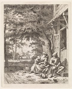 familia, con, perro, sentado, delante de, un, casa Paisajes con figuras (título de serie) de Leendert Overbeek