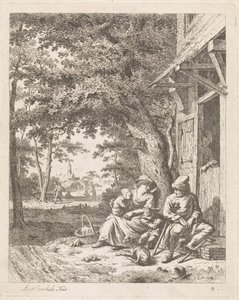 familia, con, perro, sentado, delante de, un, casa Paisajes con figuras (título de serie) de Leendert Overbeek