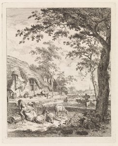 Pastora con ovejas frente a una granja Paisajes con figuras (título de serie) de Leendert Overbeek