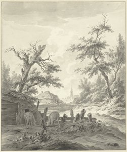 Paisaje con un corral de cerdos en primer plano de Leendert Overbeek