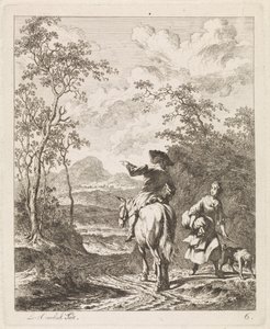 Jinete preguntando por direcciones a una chica con un perro Paisajes con figuras (título de serie) de Leendert Overbeek