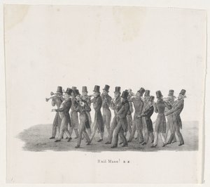 Músicos en la procesión de estudiantes de Leiden, 1835 ¡Hola Musa! (título en el objeto) Las actuaciones individuales que ascienden en poder de S.H. Estudiantes de Leidsche Hoogeschool el 9 de febrero de 1835, cerrado (título de la serie en el objeto)