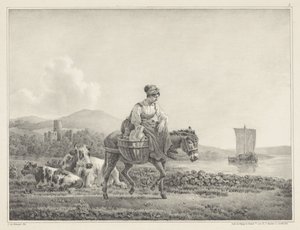 mujer, en, burro, en, paisaje Seis dibujos en piedra de L. de Koningh (título de la serie)