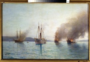 El gran duque Konstantin del torpedero ruso destruye los barcos turcos en el Bósforo en 1877 (El gran duque Konstantin del torpedero ruso destruye los barcos turcos en el Bósforo en 1877). Batalla naval de la guerra entre los Russi de Lef Feliksovich Lagorio
