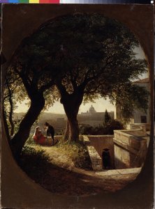 Cerca de Roma (Italia) (Cerca de Roma). Una mujer sentada bajo los árboles con un bebé en brazos escucha a un hombre con sombrero y capa. Otro hombre se les acerca desde las escaleras. Pintura de Lev Felixovich Lagorio (1827-1905), de Lef Feliksovich Lagorio