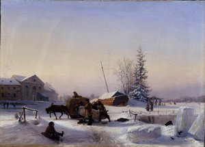 Transporte de hielo, Vista invernal de la antigua villa vinícola en la isla Vasily en San Petersburgo. Cortar y transportar bloques de hielo en un enganche de Lef Feliksovich Lagorio