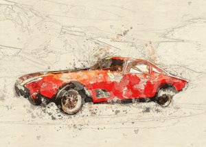 Boceto de un coche rojo clásico de Lembayung senja studio [Vintage Poster]