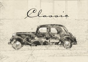 Dibujo de un coche clásico de época de Lembayung senja studio [Vintage Poster]