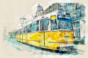 Acuarela de un tranvía urbano de Lembayung senja studio [Vintage Poster]