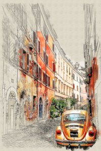 Boceto de la ciudad de los coches antiguos de Lembayung senja studio [Vintage Poster]