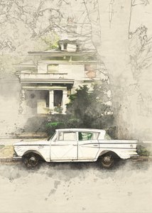 Boceto de un coche clásico y una casa antigua de Lembayung senja studio [Vintage Poster]