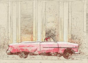 Boceto de un descapotable rosa vintage de Lembayung senja studio [Vintage Poster]