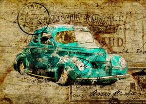 Postal vintage de un coche de color verde azulado de Lembayung senja studio [Vintage Poster]