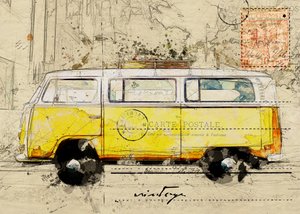 Boceto de un viaje en furgoneta amarilla de Lembayung senja studio [Vintage Poster]