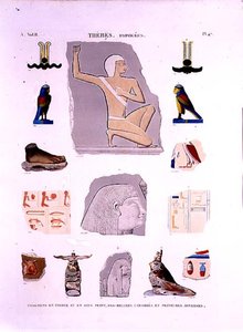 Ilustraciones de relieves pintados en fragmentos de piedra y madera Hipogeos, Tebas lámina 47 de Vol II de 