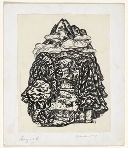 Paisaje de montaña con árboles y ganado