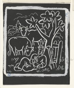 Granjero descansando bajo un árbol en un prado con vacas de Leo Gestel (signed by artist)