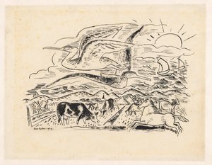 Dos pájaros vuelan sobre un paisaje con ganado de Leo Gestel (signed by artist)
