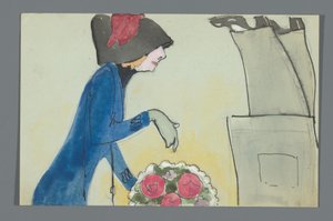 Postkarte mit einer Zeichnung des Unterkörpers von Leo Gestel und Oberkörpers von An Overtoom mit Blumenstrauß de Leo Gestel