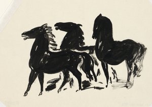 Tres caballos negros de pie mirando a la izquierda de Leo Gestel