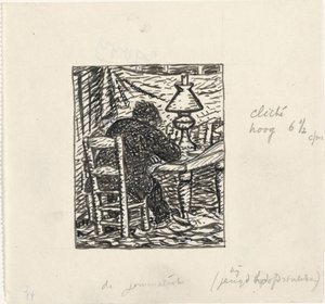 Un hombre escribe en una mesa de Leo Gestel